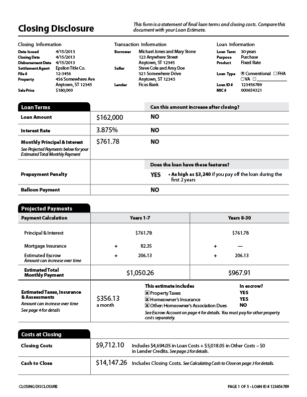 Page 1: Information, loan terms, projected payments costs at closing